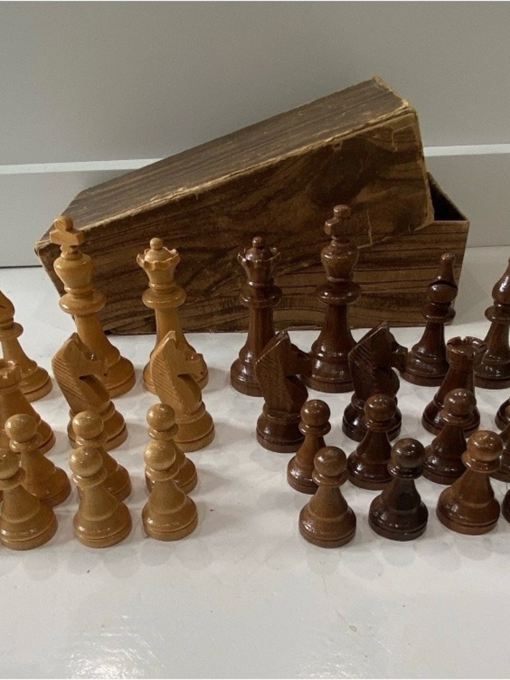 Vintage WC Horn Chessmen Wood Chess Set, Original Box